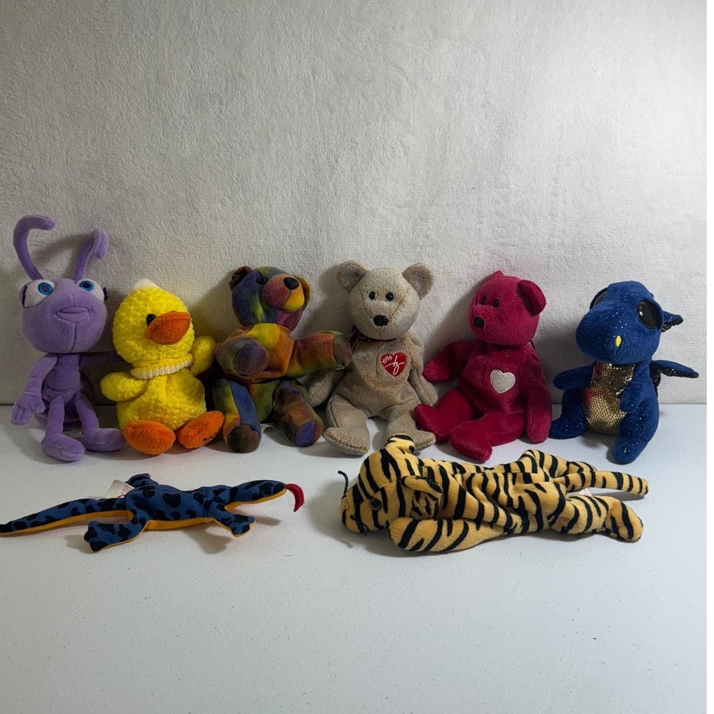 8*Beanie Babies Plush Toys Dragon Lizard‎ Tiger Duck Ant BearBeanie Lot VTG 90s